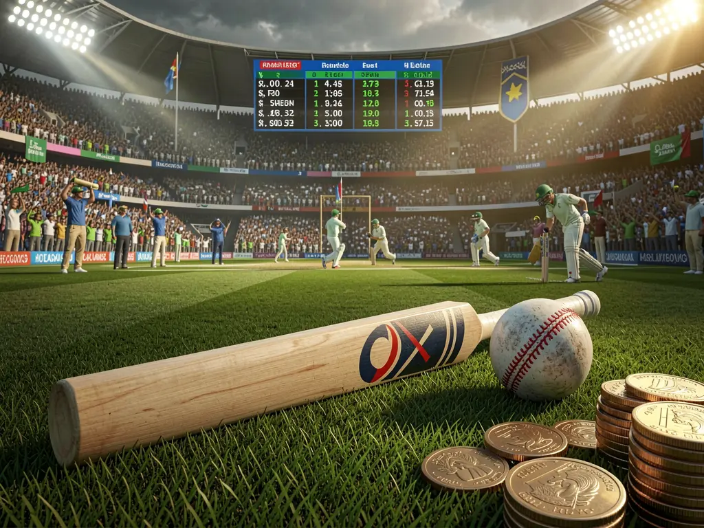 FB 99 COM premium cricket betting scene featuring a cricket stadium filled with a cheering crowd, a bat and ball in the foreground, digital odds graphics, and scattered coins under dramatic lighting in a high detail 3D render