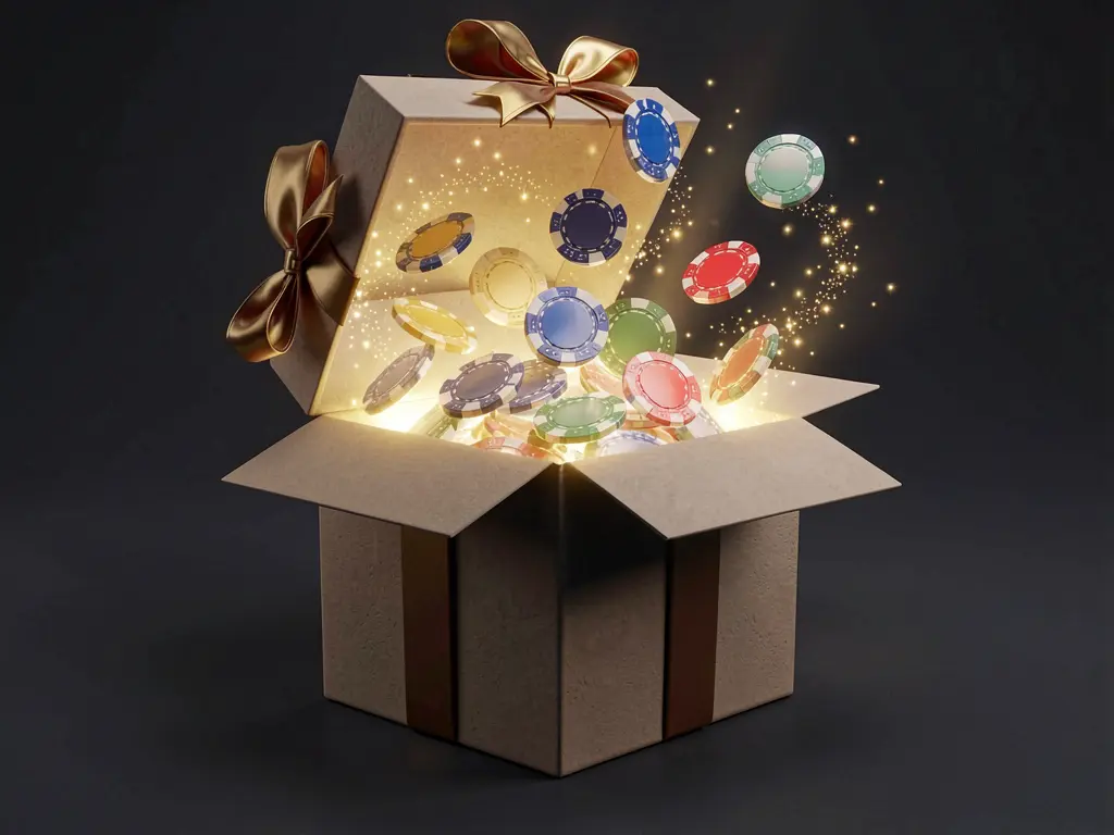 Realistic 3D render of a glowing gift box with free casino chips bursting out surrounded by magical sparkles on a dark premium background, showcasing the FB 99 COM no deposit bonus