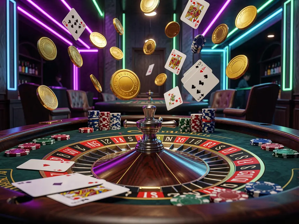 Elegant roulette table with chips, cards, and golden coins flying in the air under dramatic neon lighting, showcasing a premium casino gaming scene by FB 99 COM