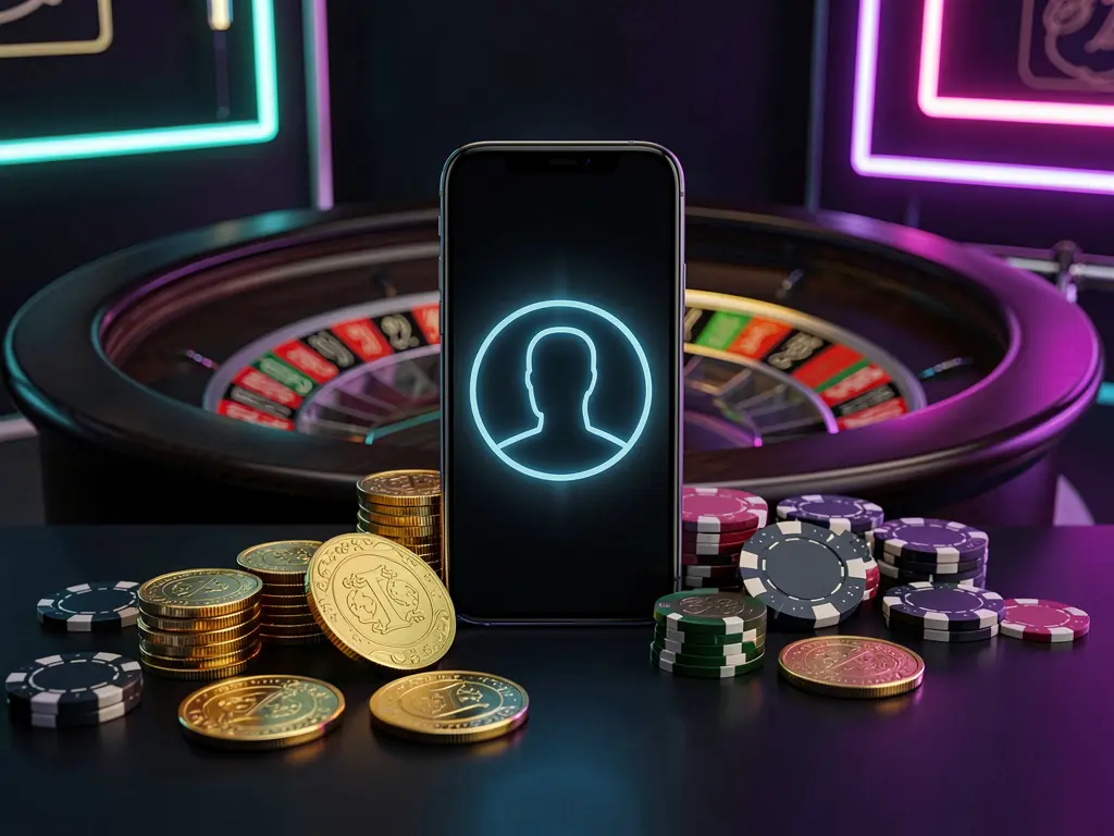 FB 99 COM online casino login image featuring a modern phone with a glowing profile icon, roulette lights in the background, and golden coins and poker chips in a premium dark neon atmosphere